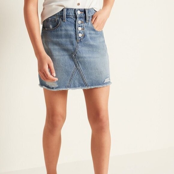 High-Waisted Button-Fly Raw-Hem Jean Skirt, Sz  4 - Picture 1 of 11